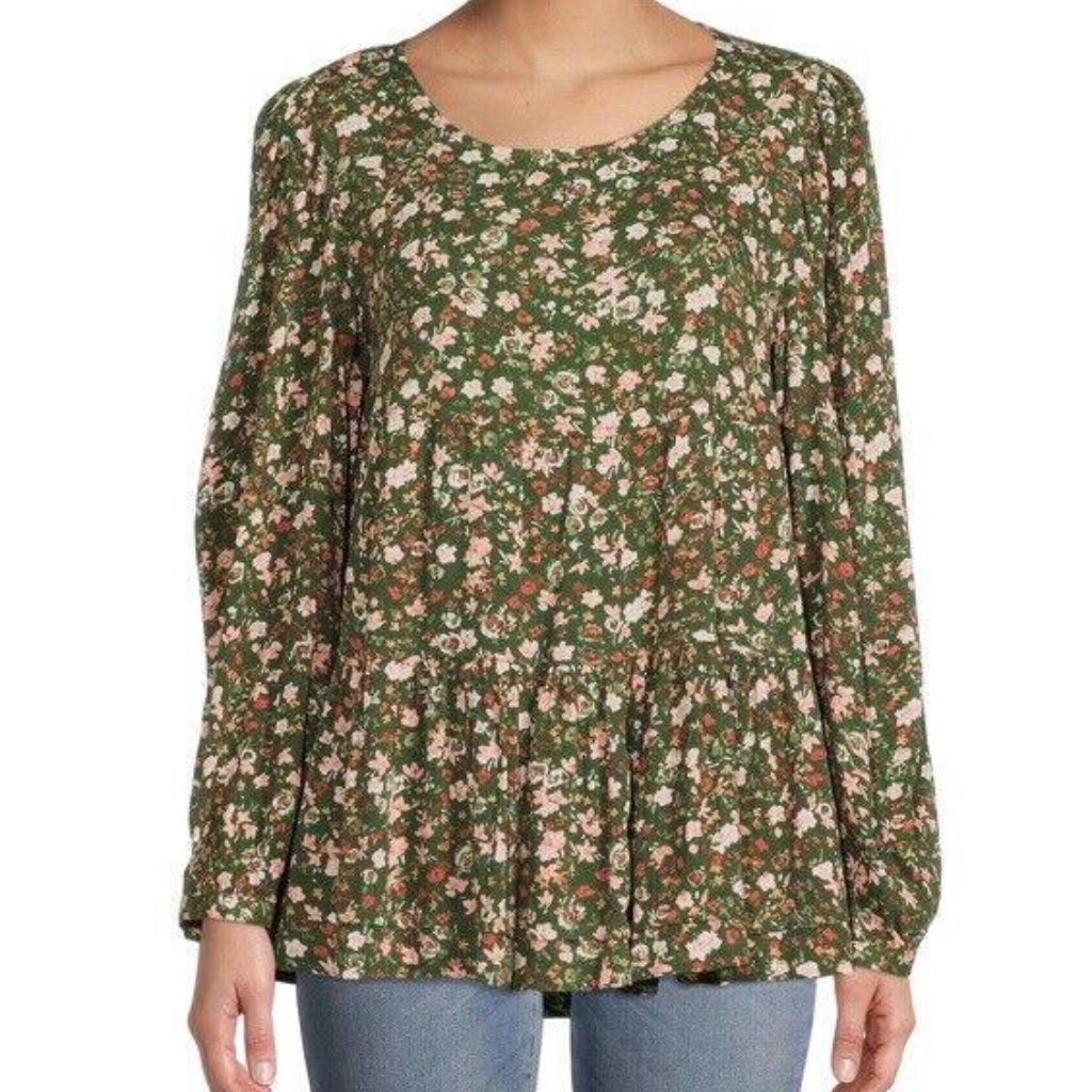Time & Tru Shirt M 8-10 Floral Peasant Top Blouse Popover Boho Ruffle Trim